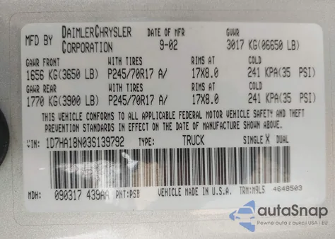 2003 Dodge Ram 1500 Slt/Laramie/St from USA, damaged, VIN 1D7HA18N03S139792